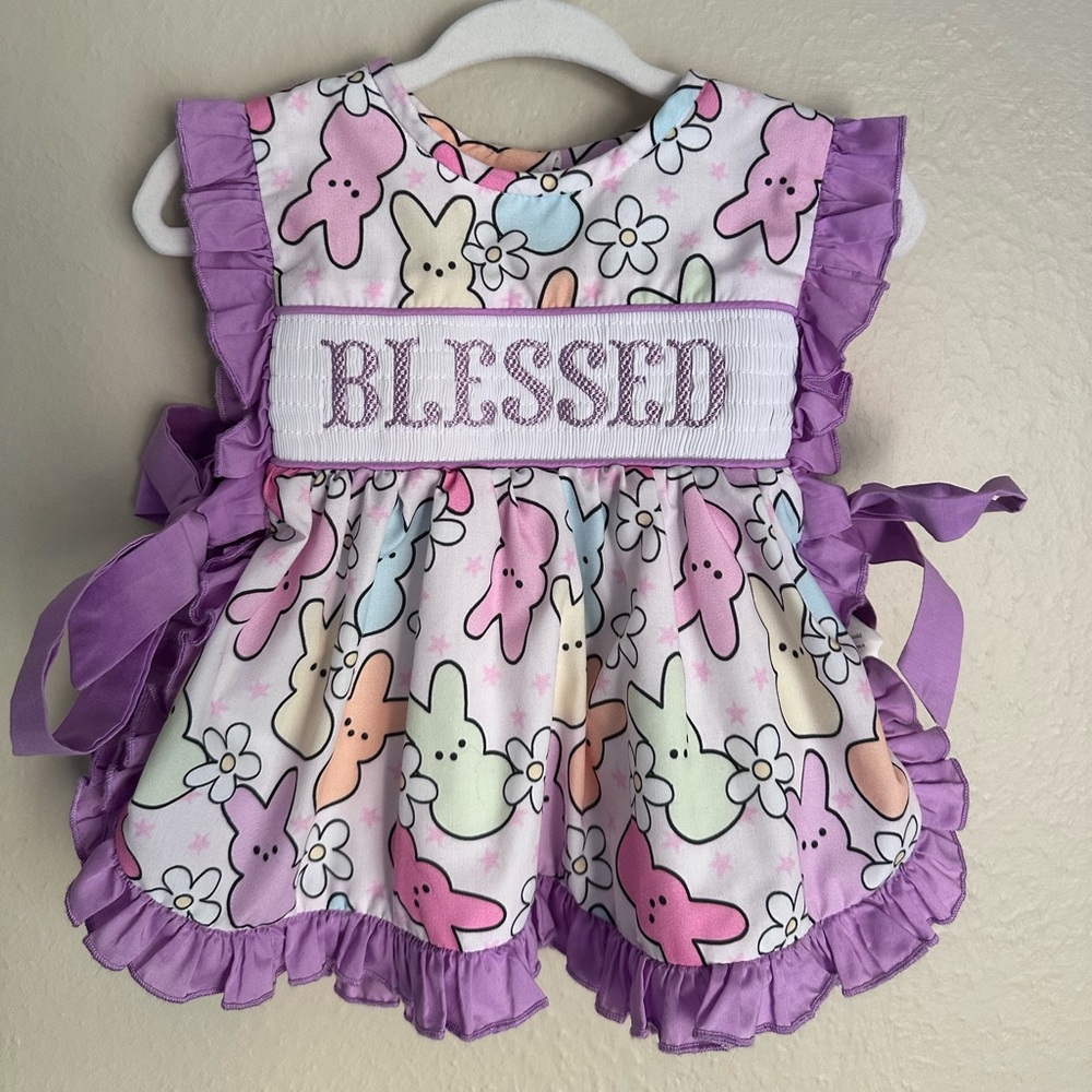 Smocked Easter Peeps Top and Bummies “Blessed” 12 Months